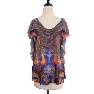 VTG Y2K Boho Festival Sheer Embroidered‎ Crochet Flutter Sleeve Top M Coachella